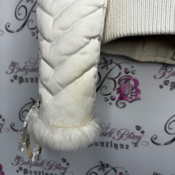 Bebe corset coat jacket snow bunny fur rabbit White Quilted Jacket Fur Trim hood - Picture 13 of 16